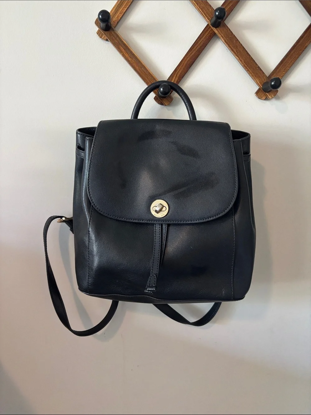 Michael Kors Black Leather Backpack with Gold Turn-Lock Accent